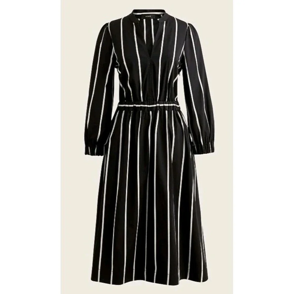 J.Crew Women's Black Stripe Cinched-Waist Cotton Poplin Midi Dress L - Picture 2 of 10